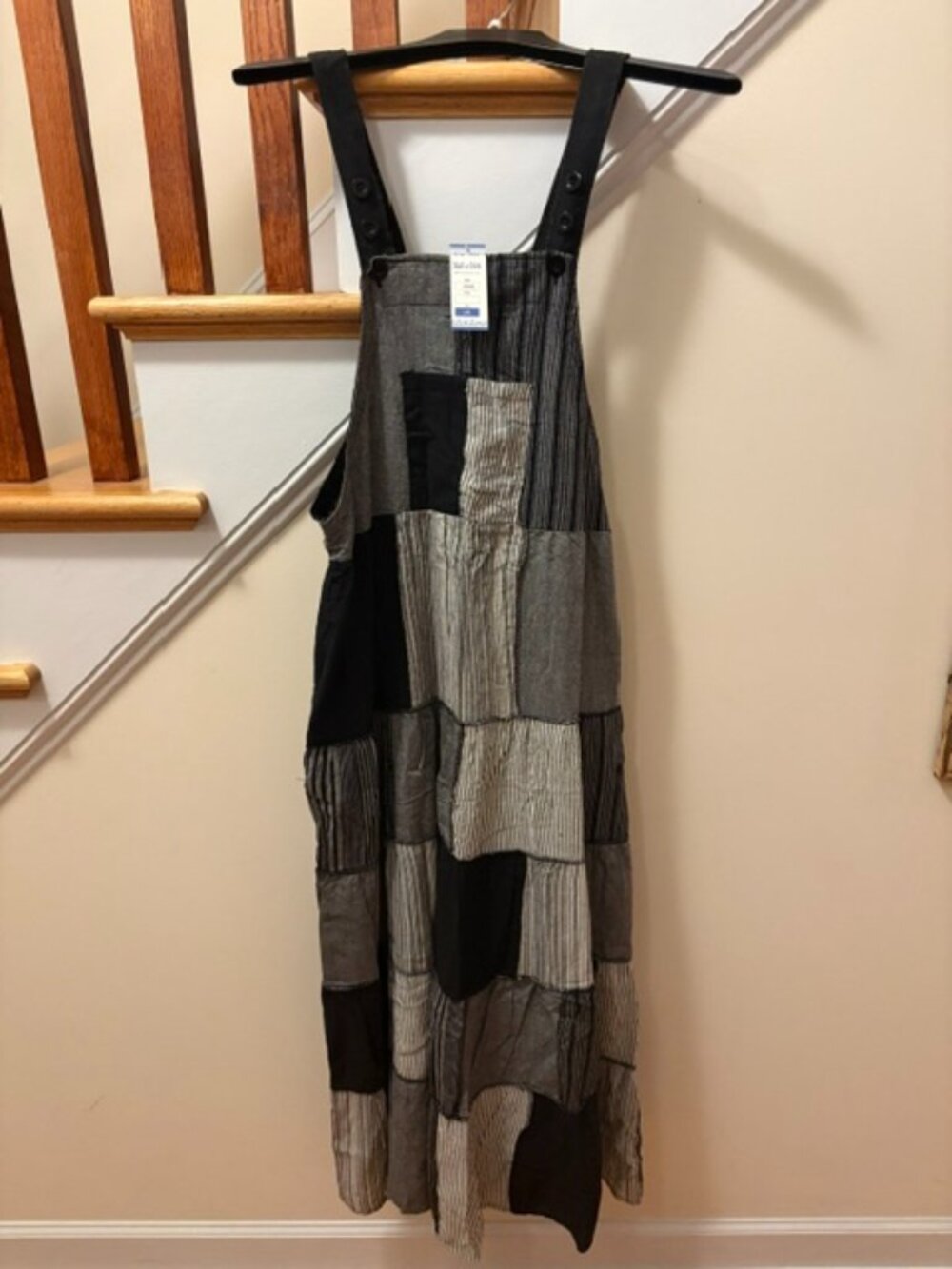 NWT YAK & YETI Adjustable Patchwork Bib Dress 100 % Cotton Charcoal Large/XL